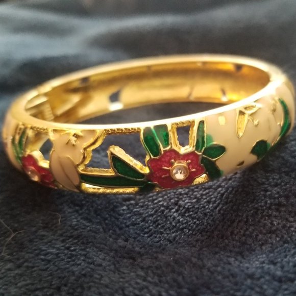 Hinged Enameled Pink and Green Cloisonne Bracelet - Picture 5 of 6